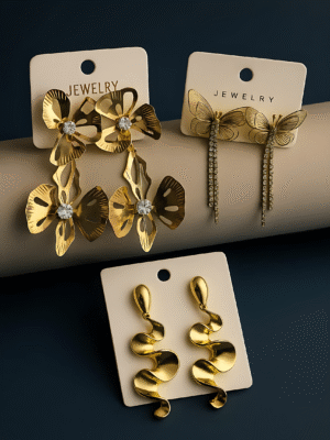Muskan Allure Luxury Gold Statement Earrings Combo Set – Butterfly Tassel, Wavy Drop, and Floral Orchid Collection