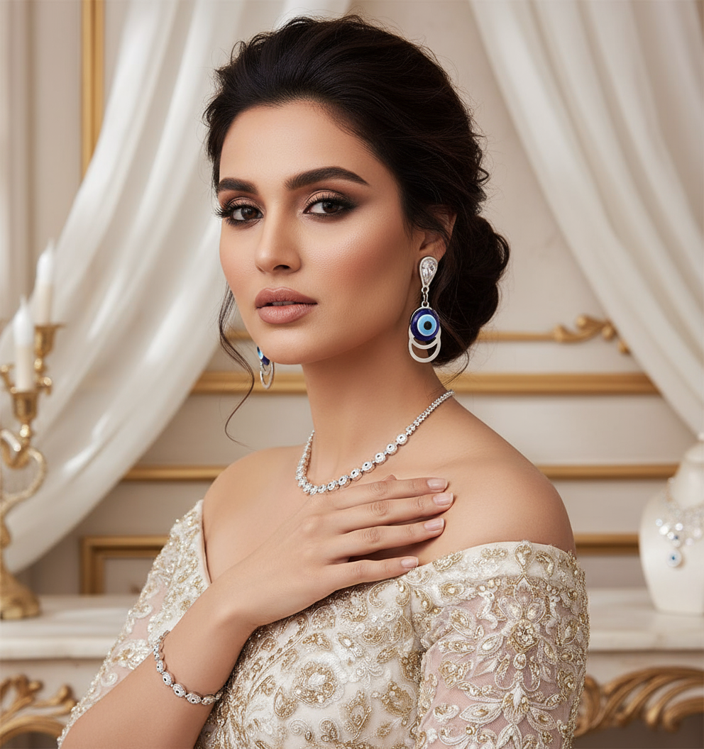 Silver Evil Eye Dangle Earrings | Protection & Style | Muskan Allure - Image 3